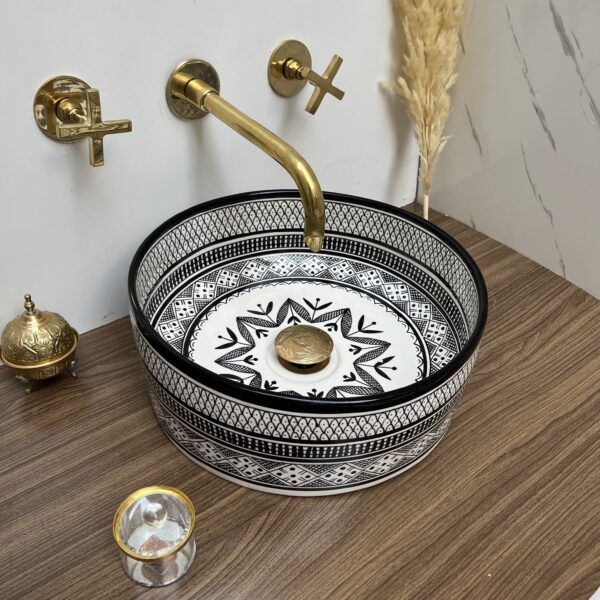 Élégante vasque marocaine peinte à la main – Vasque Noir pour une salle de bain chic